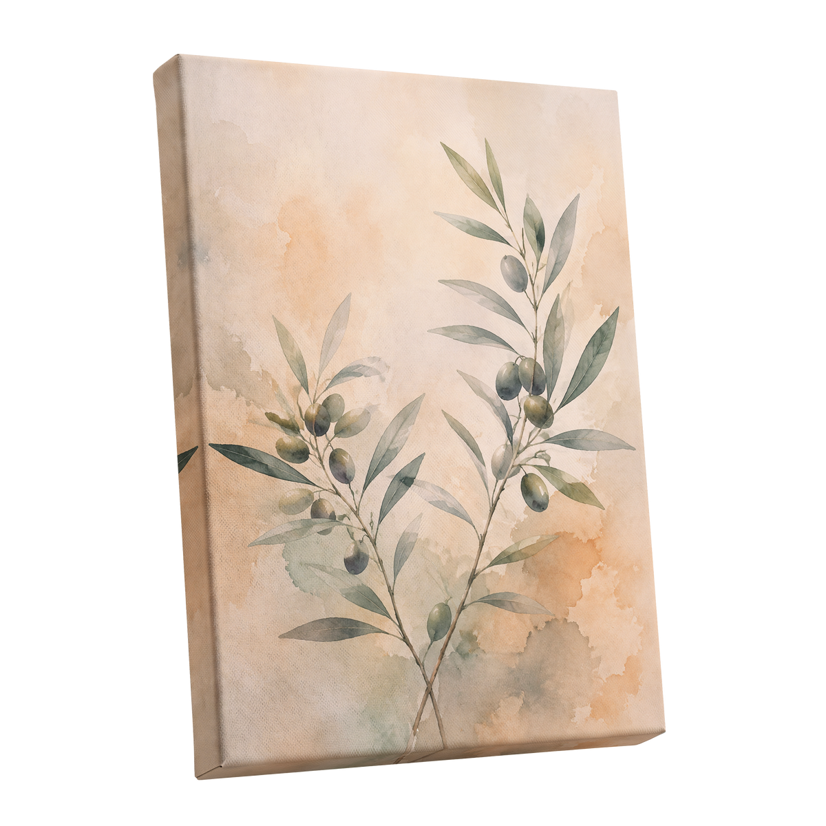 Olive Branch Reverie, green, beige, orange nature wall art shown as a stretched canvas wall art