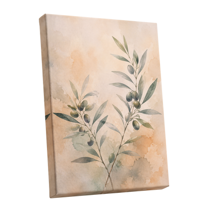 Olive Branch Reverie, green, beige, orange nature wall art shown as a stretched canvas wall art