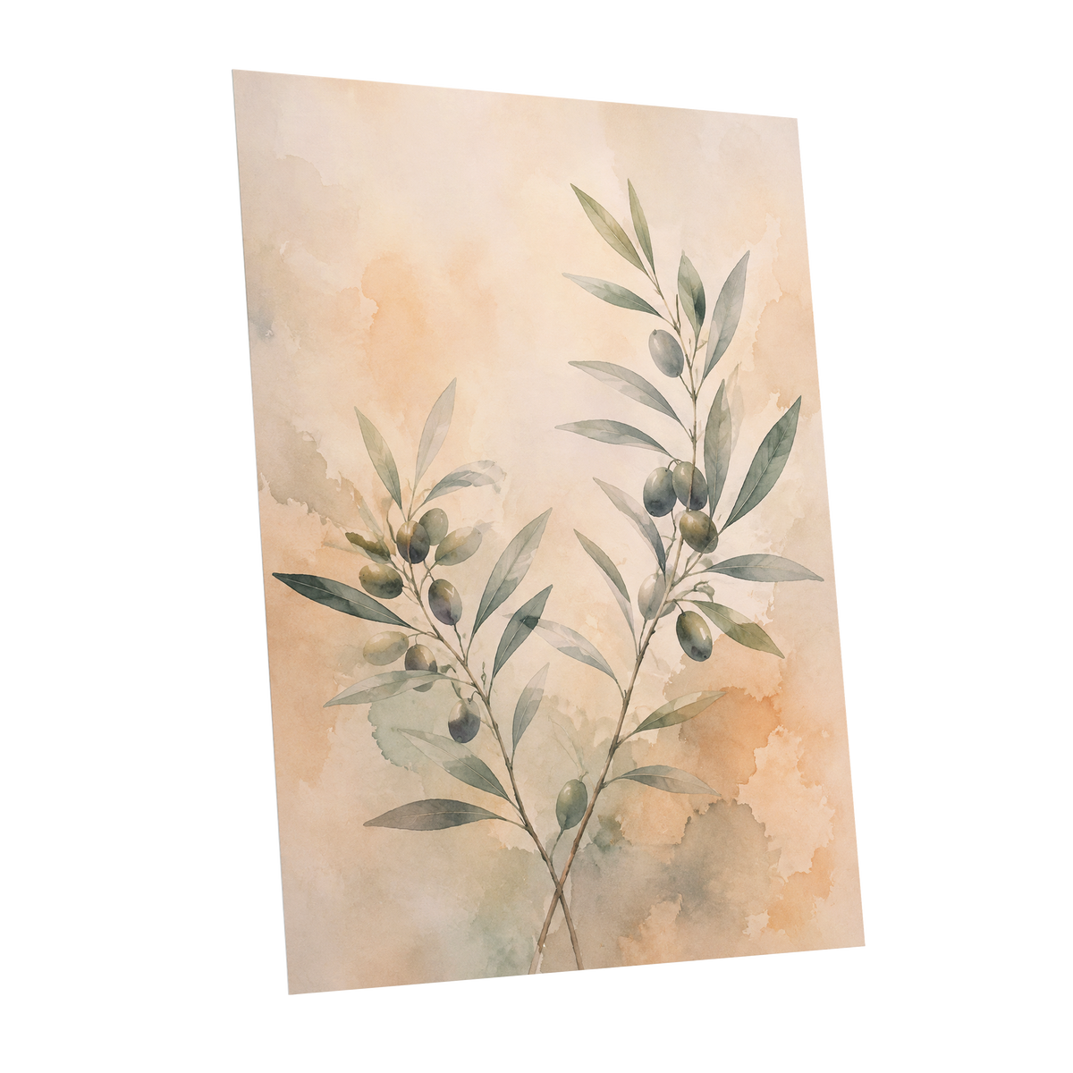 Olive Branch Reverie, green, beige, orange nature wall art shown as a unframed poster wall art print