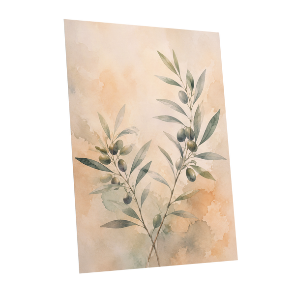 Olive Branch Reverie, green, beige, orange nature wall art shown as a unframed poster wall art print