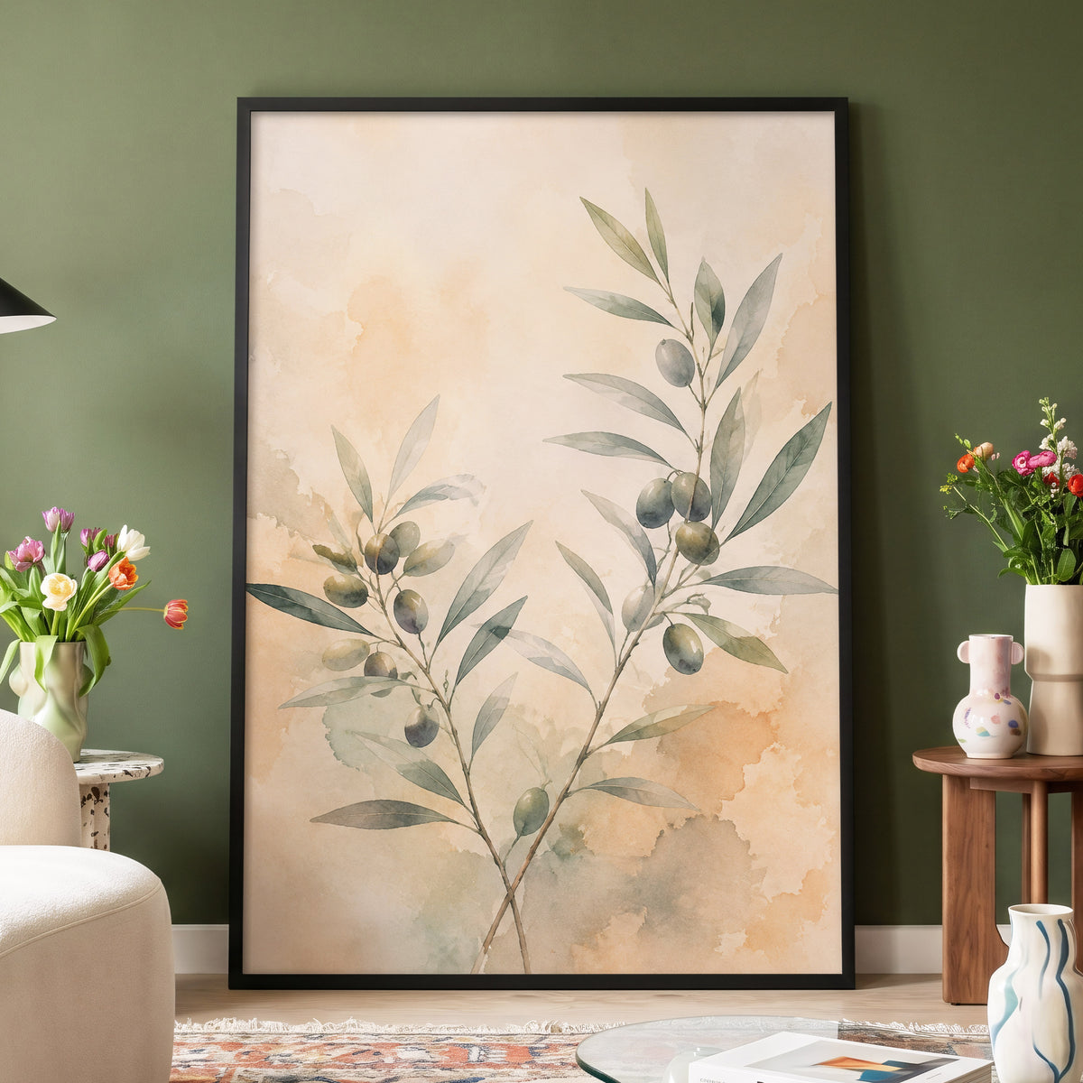 Olive Branch Reverie, green, beige, orange nature wall art displayed in a styled interior, gallery view 2
