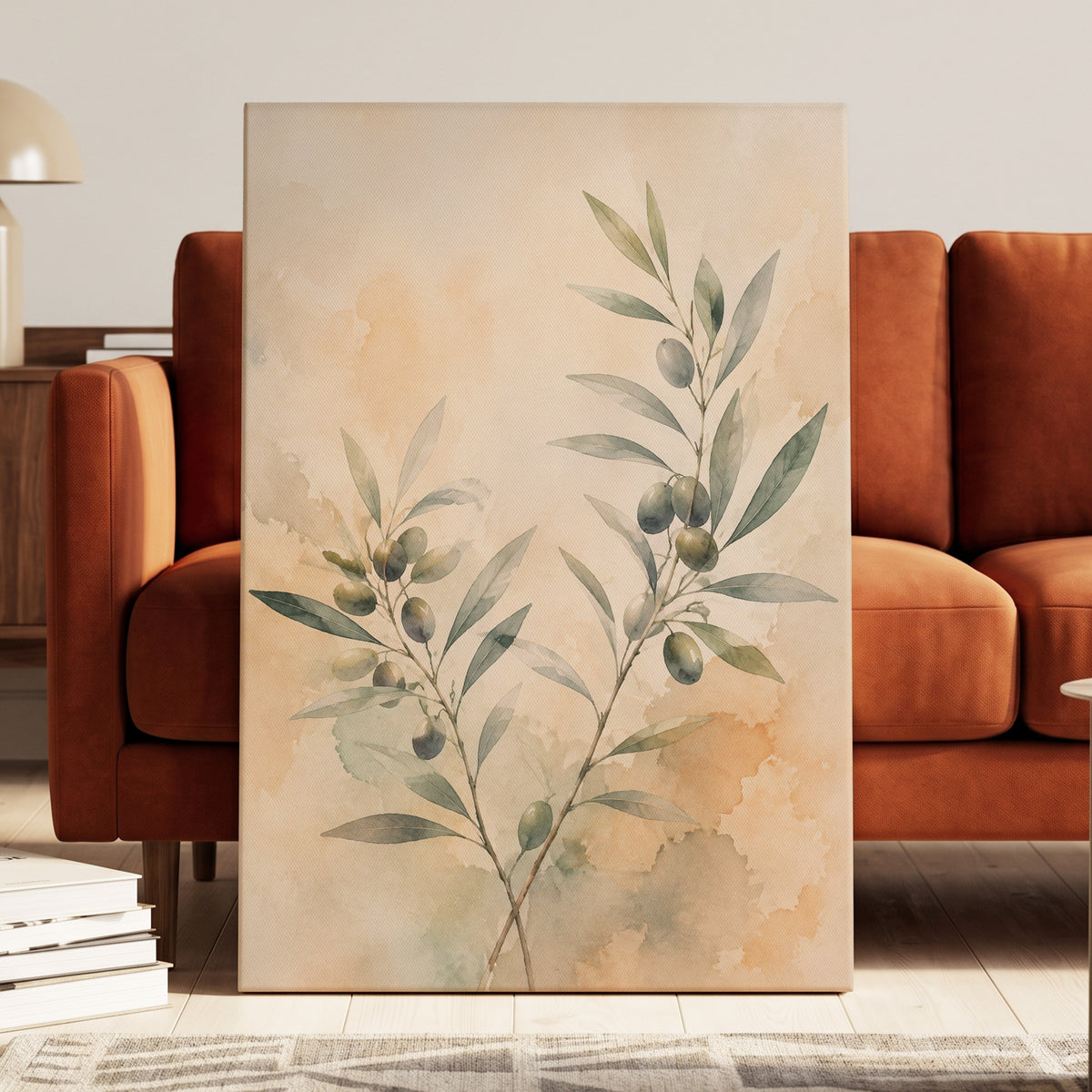 Olive Branch Reverie, green, beige, orange nature wall art displayed in a styled interior, gallery view 3
