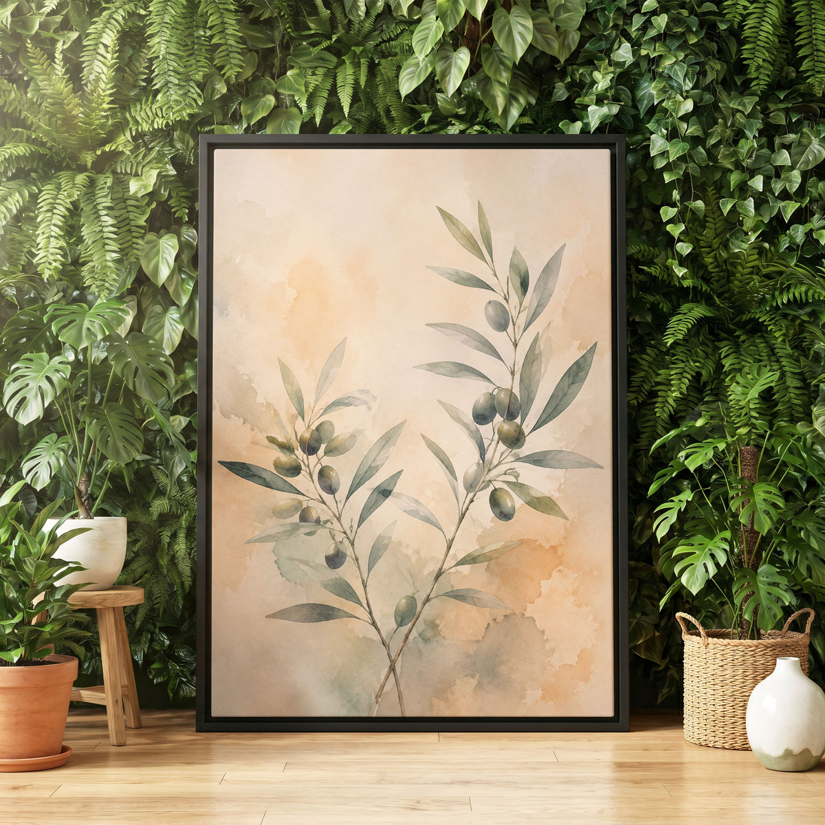 Olive Branch Reverie, green, beige, orange nature wall art displayed in a styled interior, gallery view 4