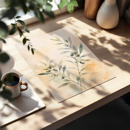 Olive Branch Reverie, green, beige, orange nature wall art displayed in a styled interior, gallery view 5