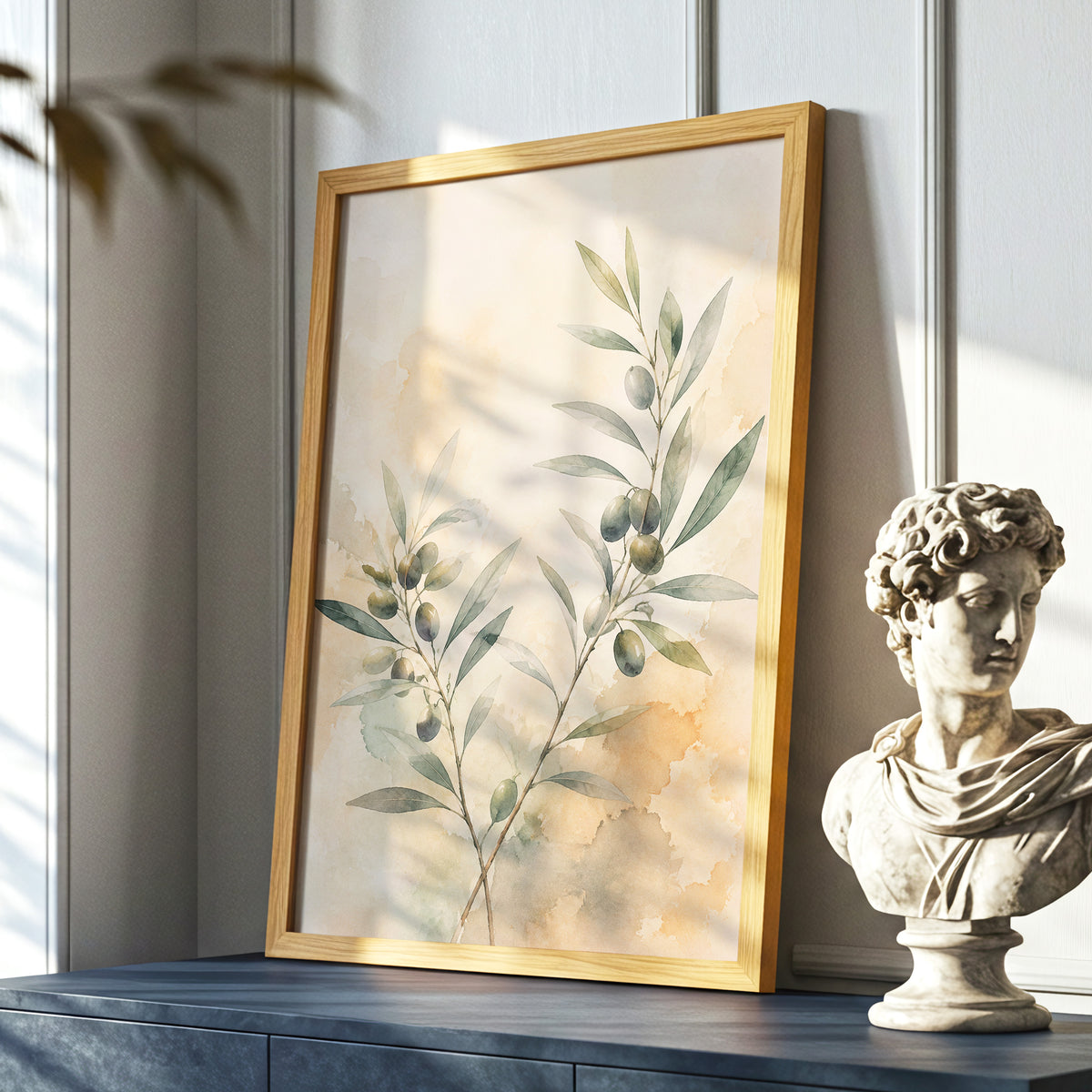 Olive Branch Reverie, green, beige, orange nature wall art displayed in a styled interior, gallery view 6