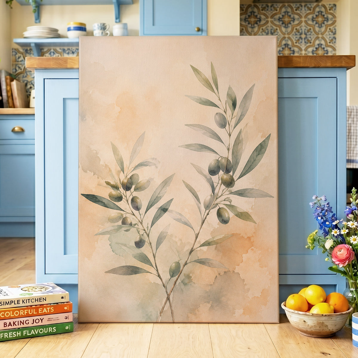 Olive Branch Reverie, green, beige, orange nature wall art displayed in a styled interior, gallery view 7