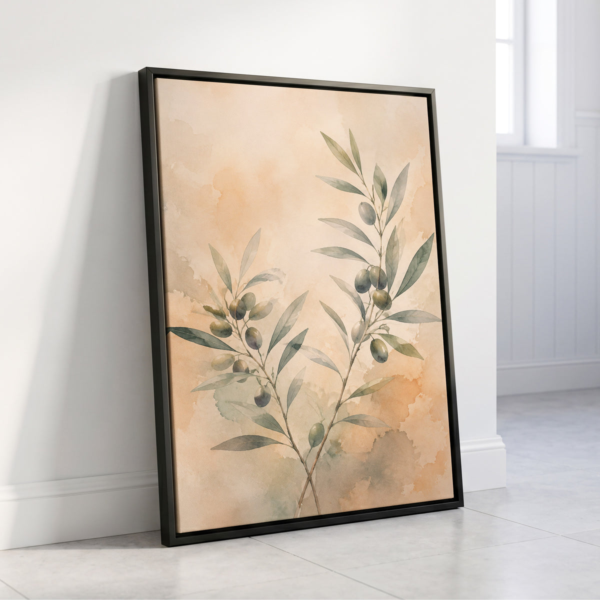 Olive Branch Reverie, green, beige, orange nature wall art displayed in a styled interior, gallery view 8