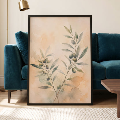 Olive Branch Reverie, green, beige, orange nature wall art displayed in a styled interior, gallery view 9