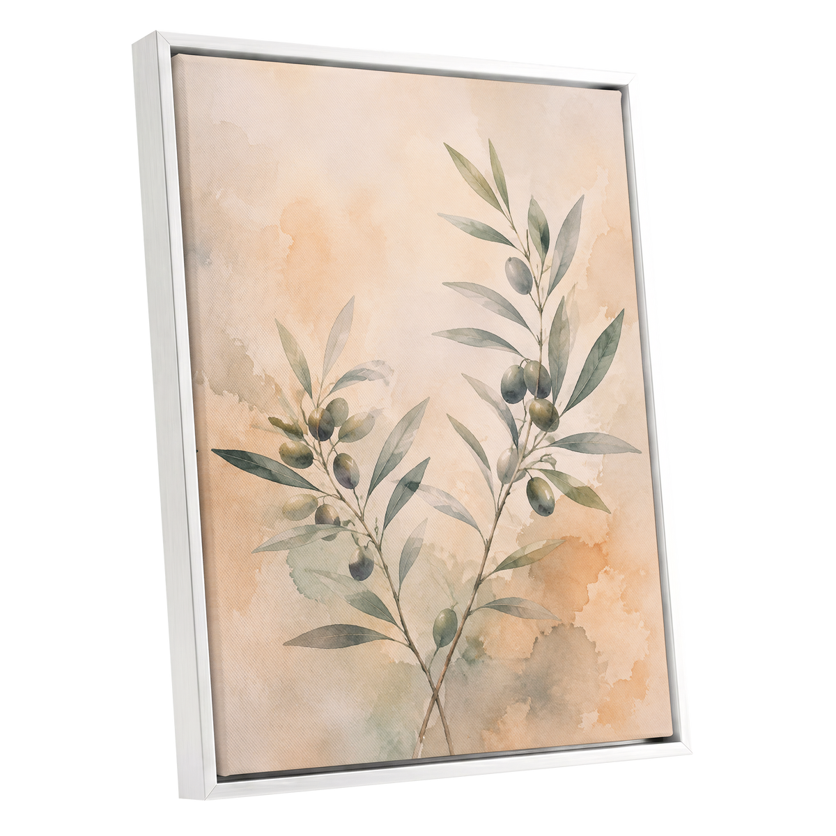 Olive Branch Reverie, green, beige, orange nature wall art shown as a white framed canvas wall art