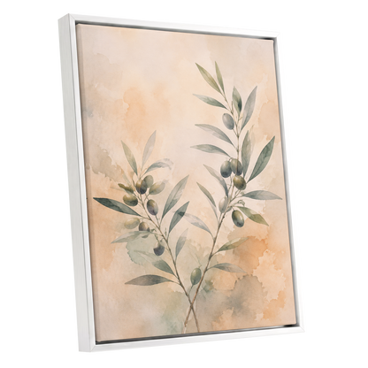 Olive Branch Reverie, green, beige, orange nature wall art shown as a white framed canvas wall art
