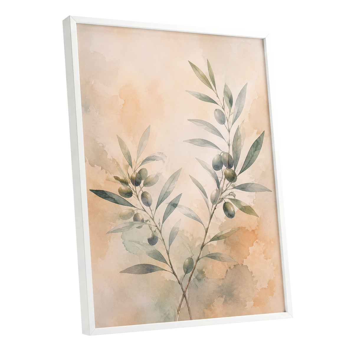 Olive Branch Reverie, green, beige, orange nature wall art shown as a white framed poster wall art print