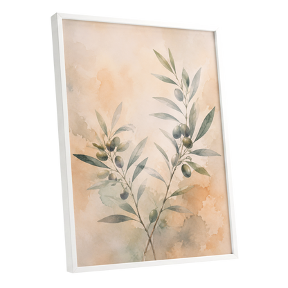Olive Branch Reverie, green, beige, orange nature wall art shown as a white framed poster wall art print