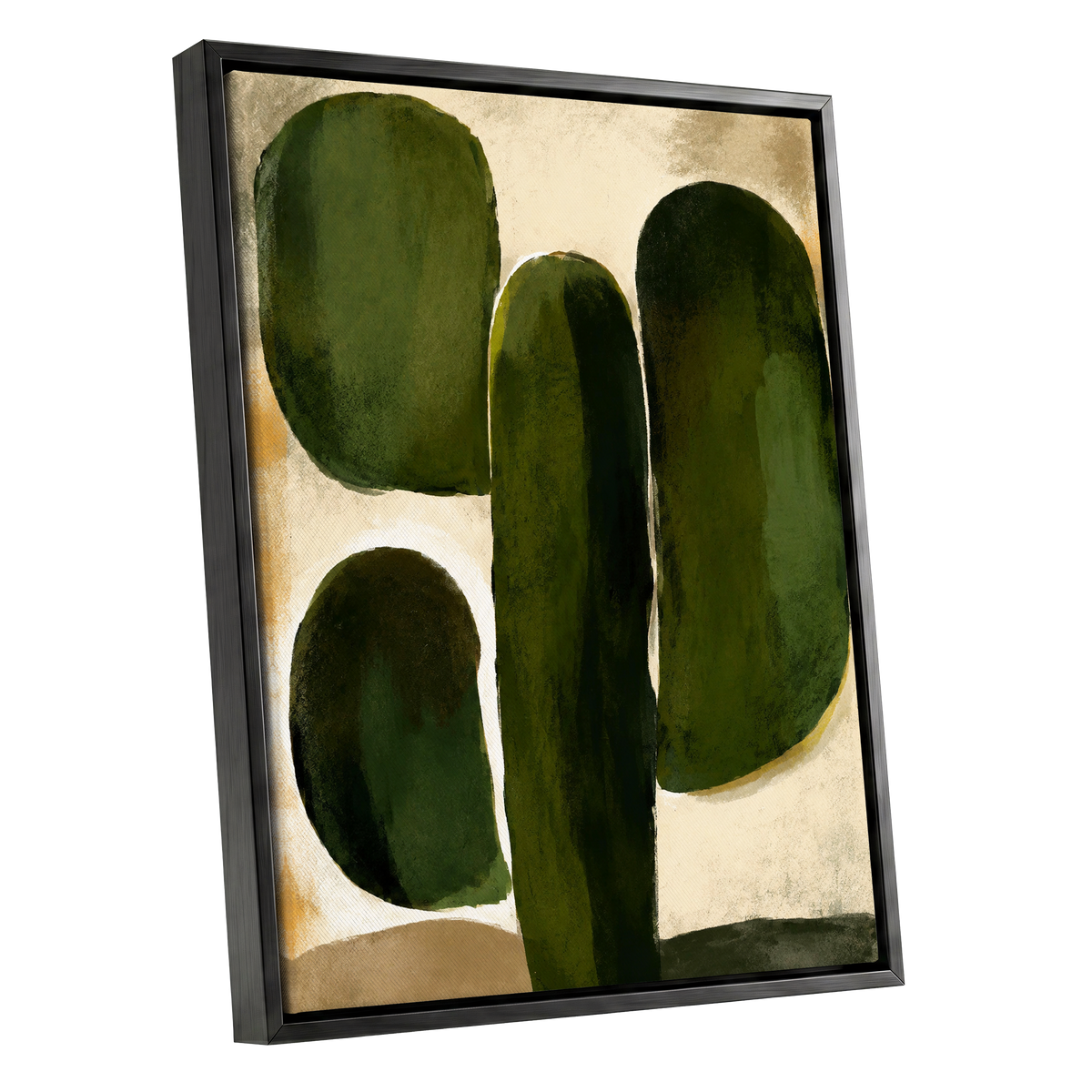 Olive Contours, green, beige, black abstract wall art shown as a black framed canvas wall art