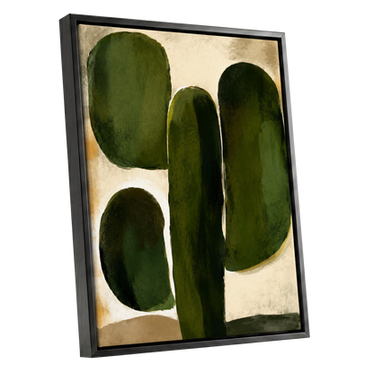 Olive Contours, green, beige, black abstract wall art shown as a black framed canvas wall art