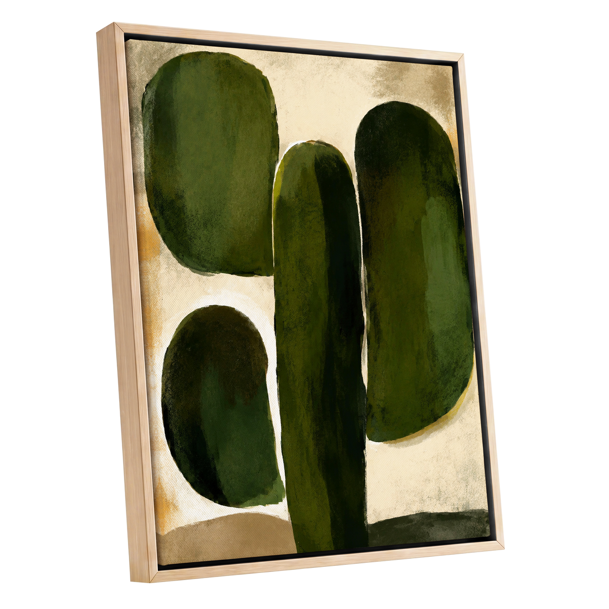 Olive Contours, green, beige, black abstract wall art shown as a oak framed canvas wall art