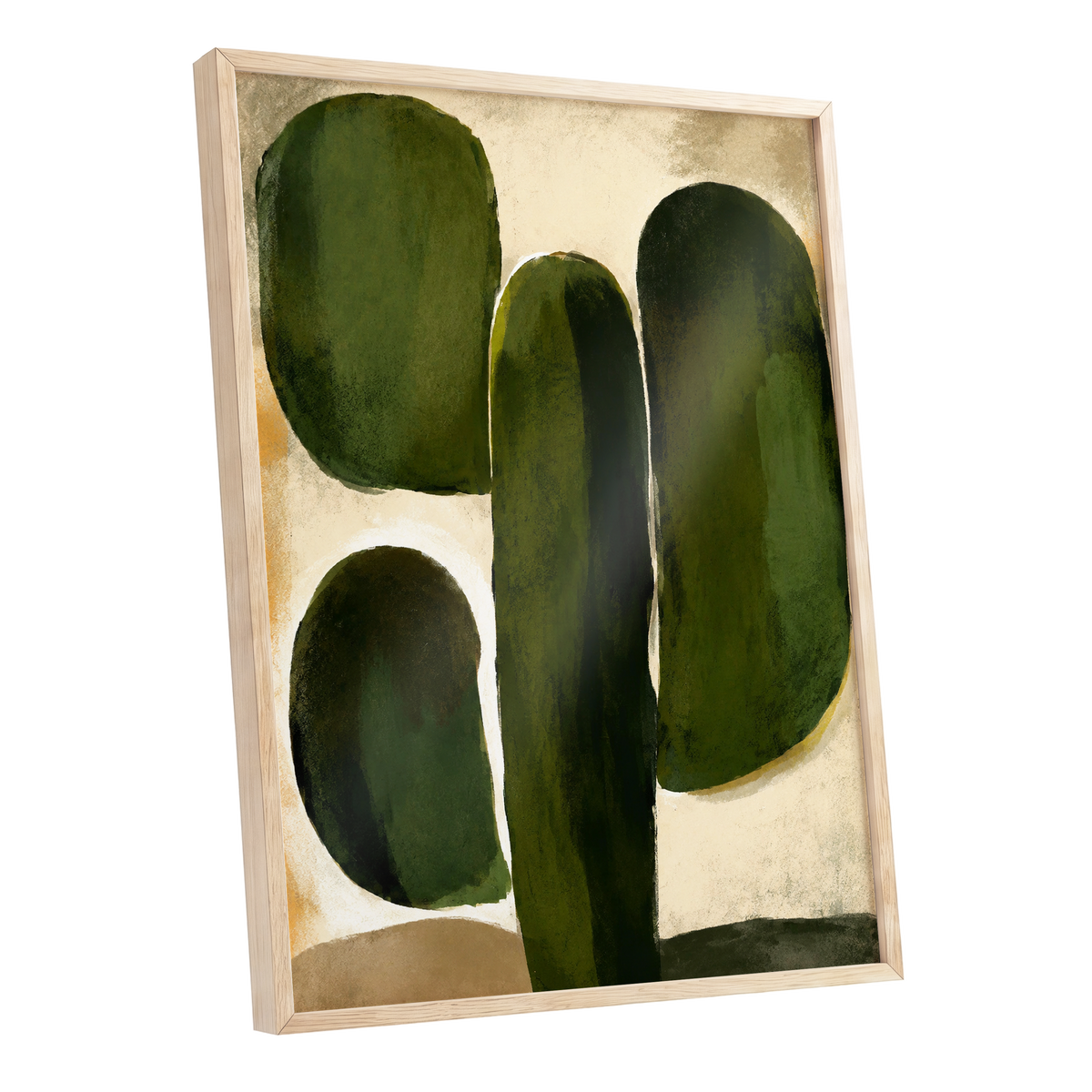 Olive Contours, green, beige, black abstract wall art shown as a oak framed poster wall art print