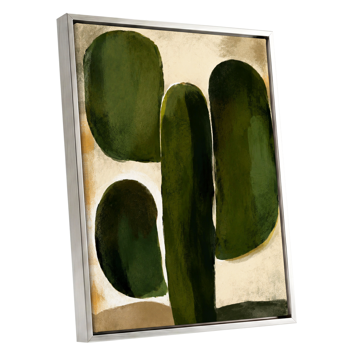 Olive Contours, green, beige, black abstract wall art shown as a silver framed canvas wall art