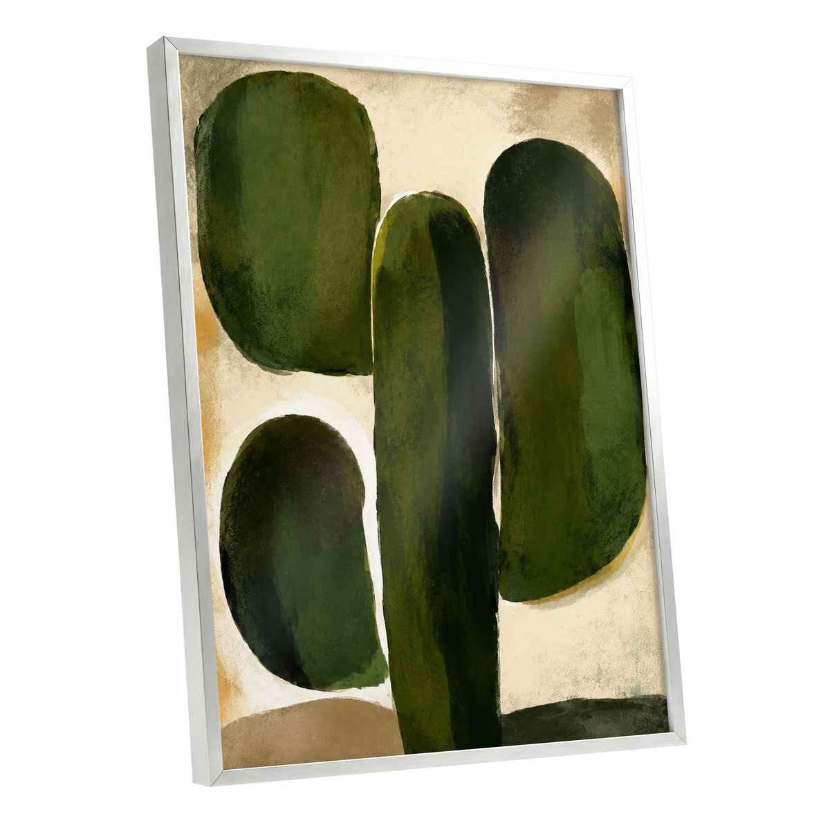 Olive Contours, green, beige, black abstract wall art shown as a silver framed poster wall art print