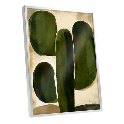 Olive Contours, green, beige, black abstract wall art shown as a silver framed poster wall art print