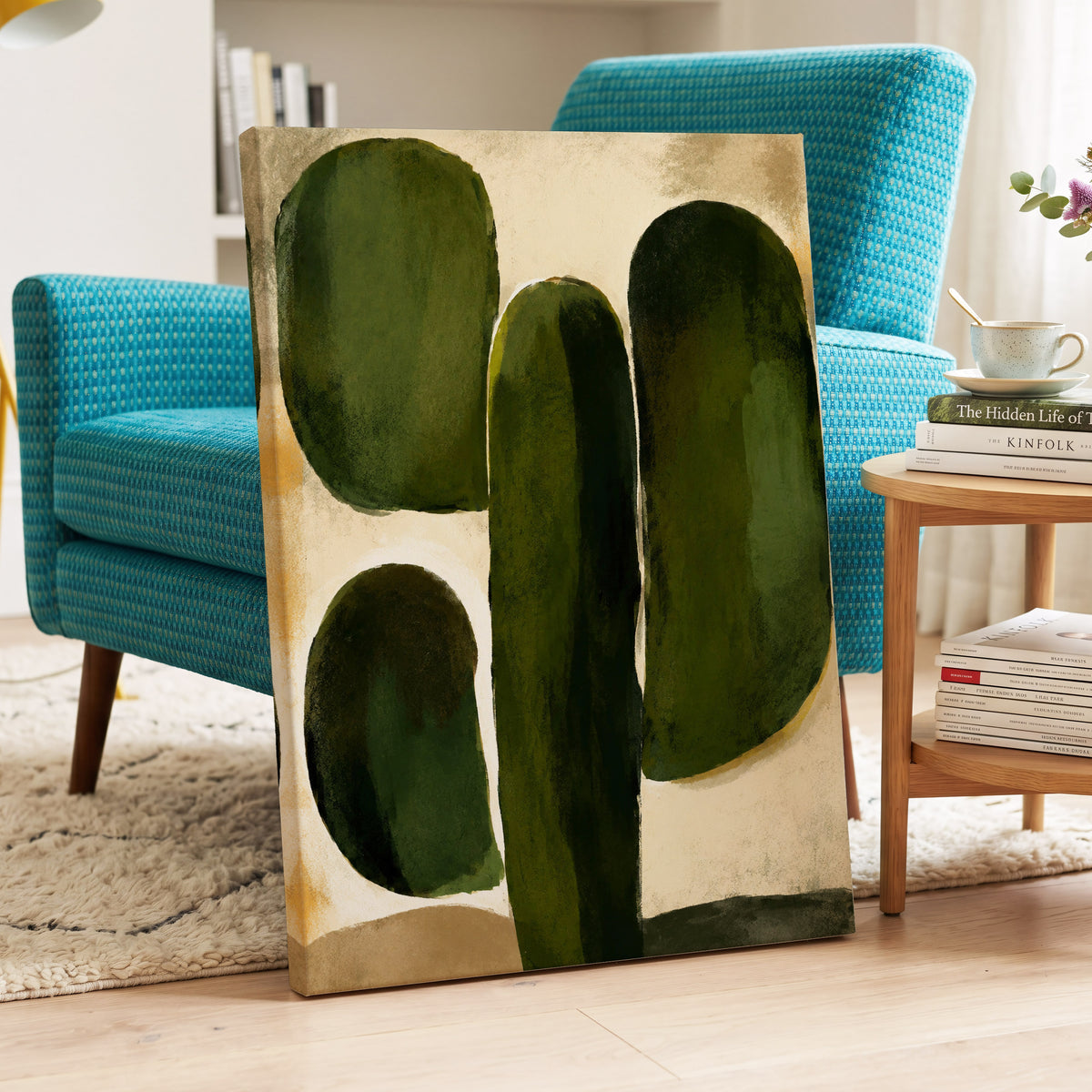 Olive Contours, green, beige, black abstract wall art displayed in a styled interior, gallery view 3