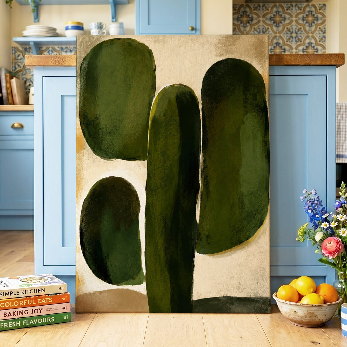 Olive Contours, green, beige, black abstract wall art displayed in a styled interior, gallery view 7