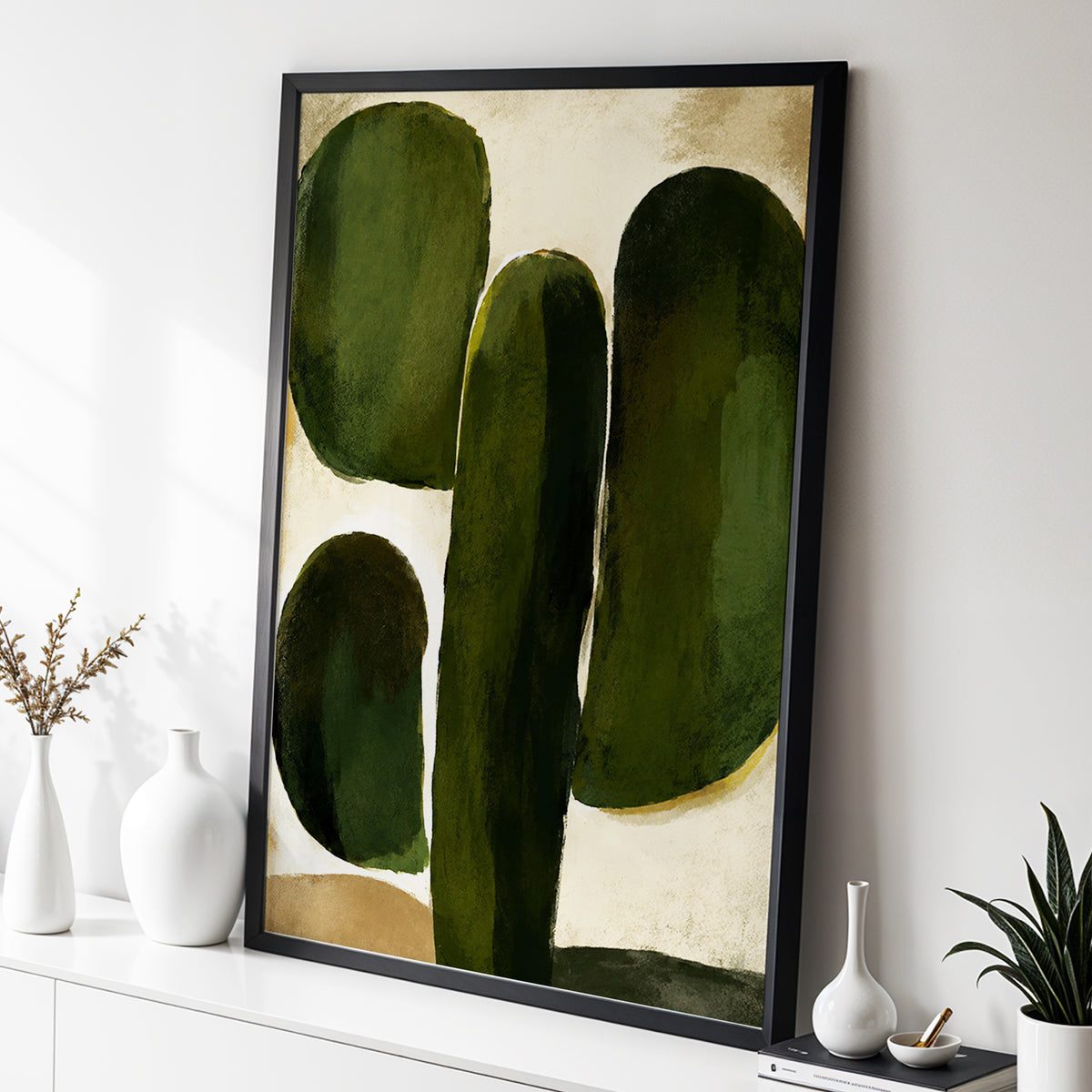 Olive Contours, green, beige, black abstract wall art displayed in a styled interior, gallery view 9