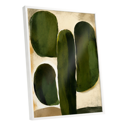 Olive Contours, green, beige, black abstract wall art shown as a white framed poster wall art print
