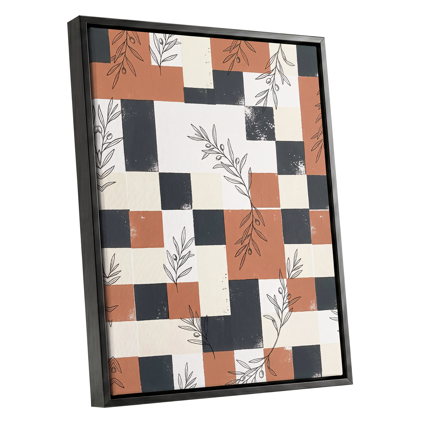 Olive Grid Reverie, brown, gray, beige nature wall art shown as a black framed canvas wall art