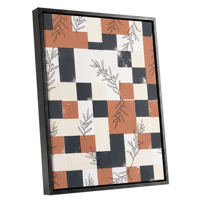 Olive Grid Reverie, brown, gray, beige nature wall art shown as a black framed canvas wall art