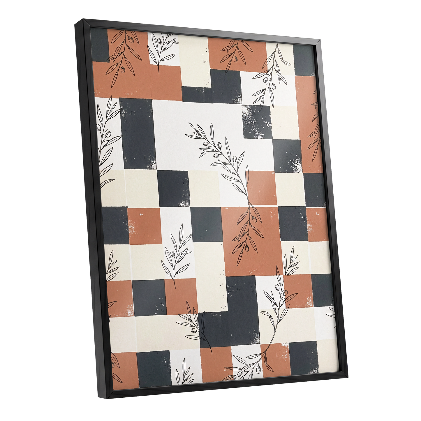 Olive Grid Reverie, brown, gray, beige nature wall art shown as a black framed poster wall art print