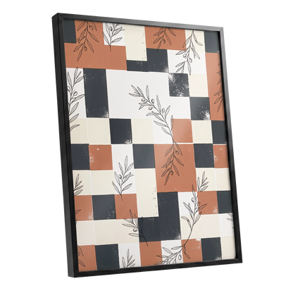 Olive Grid Reverie, brown, gray, beige nature wall art shown as a black framed poster wall art print