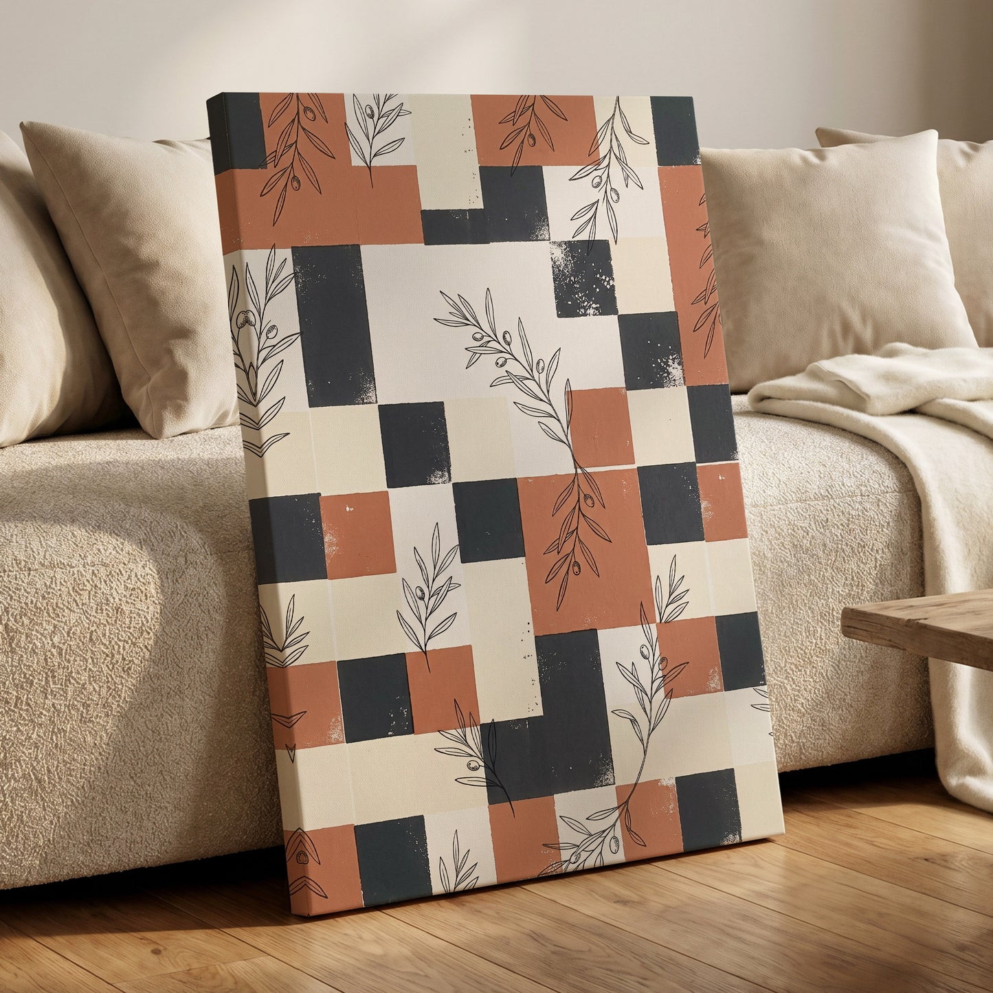 Olive Grid Reverie, brown, gray, beige nature wall art on canvas displayed in a styled interior, gallery view 1