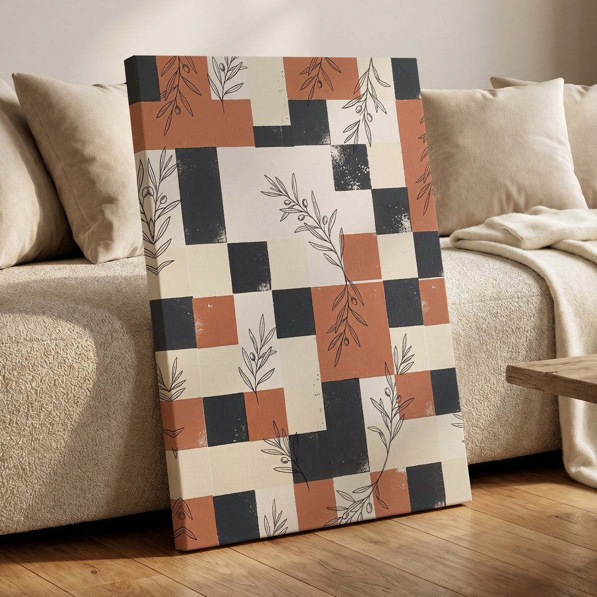 Olive Grid Reverie, brown, gray, beige nature wall art on canvas displayed in a styled interior, gallery view 1