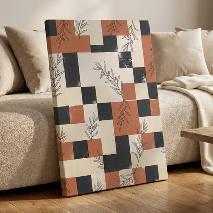 Olive Grid Reverie, brown, gray, beige nature wall art on canvas displayed in a styled interior, gallery view 1