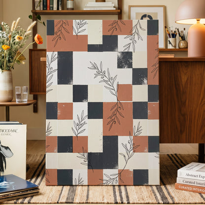 Olive Grid Reverie, brown, gray, beige nature wall art on canvas displayed in a styled interior, gallery view 2