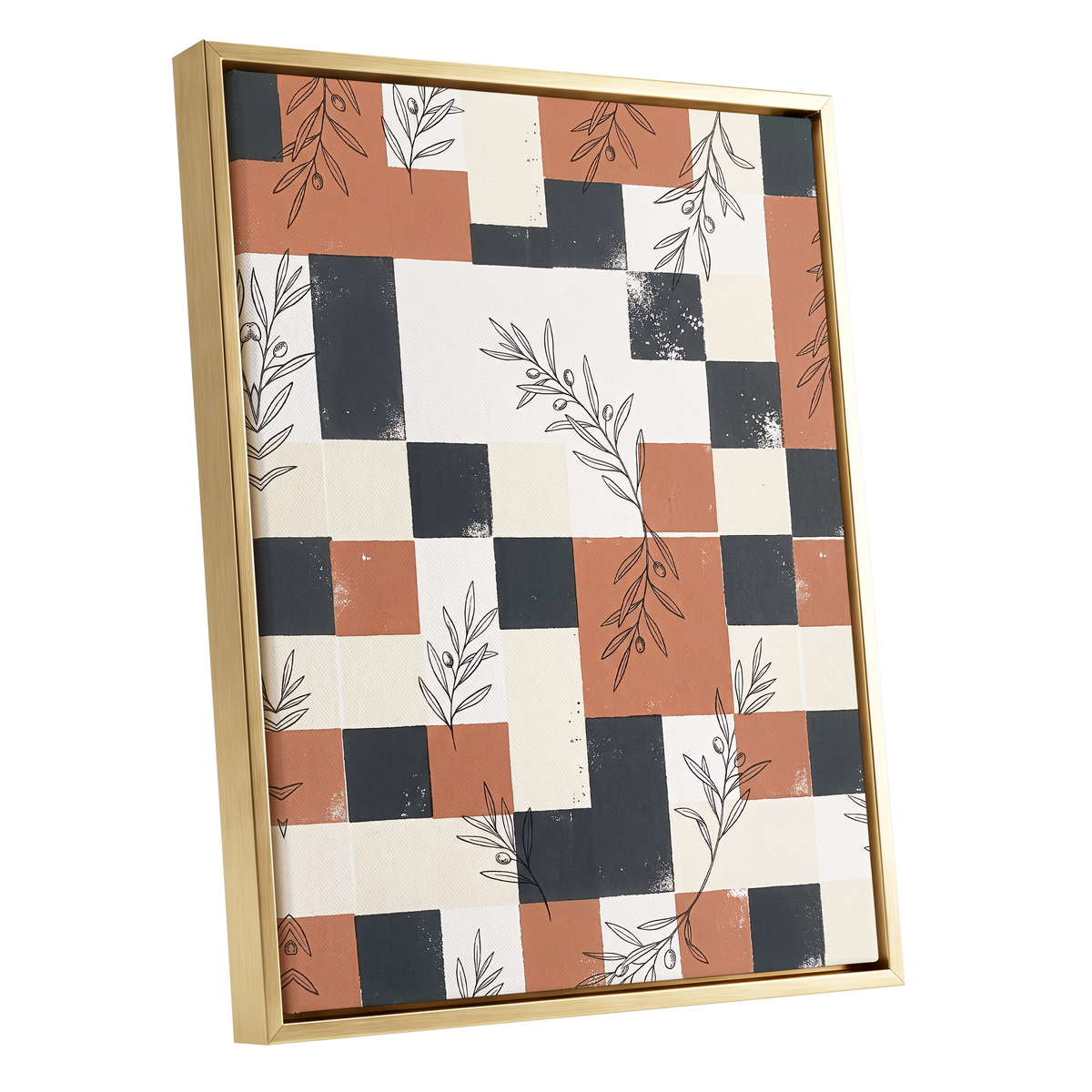 Olive Grid Reverie, brown, gray, beige nature wall art shown as a gold framed canvas wall art