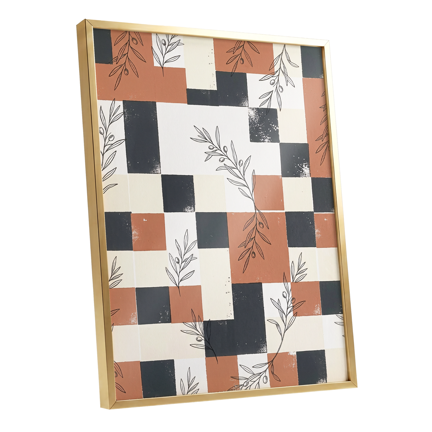 Olive Grid Reverie, brown, gray, beige nature wall art shown as a gold framed poster wall art print