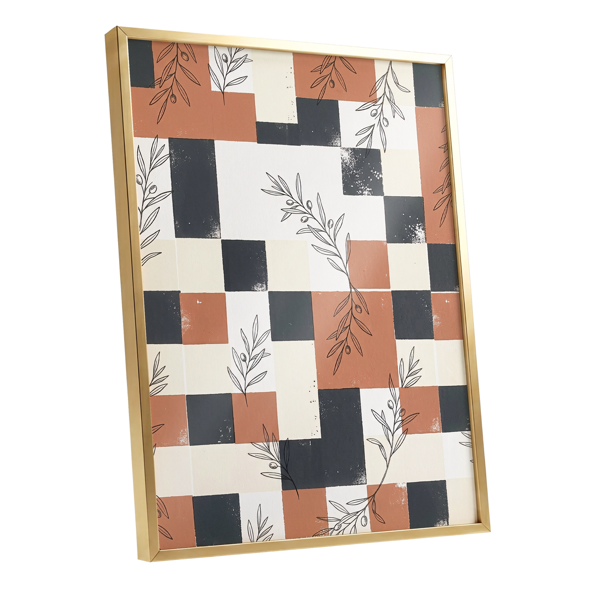 Olive Grid Reverie, brown, gray, beige nature wall art shown as a gold framed poster wall art print