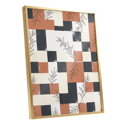 Olive Grid Reverie, brown, gray, beige nature wall art shown as a gold framed poster wall art print