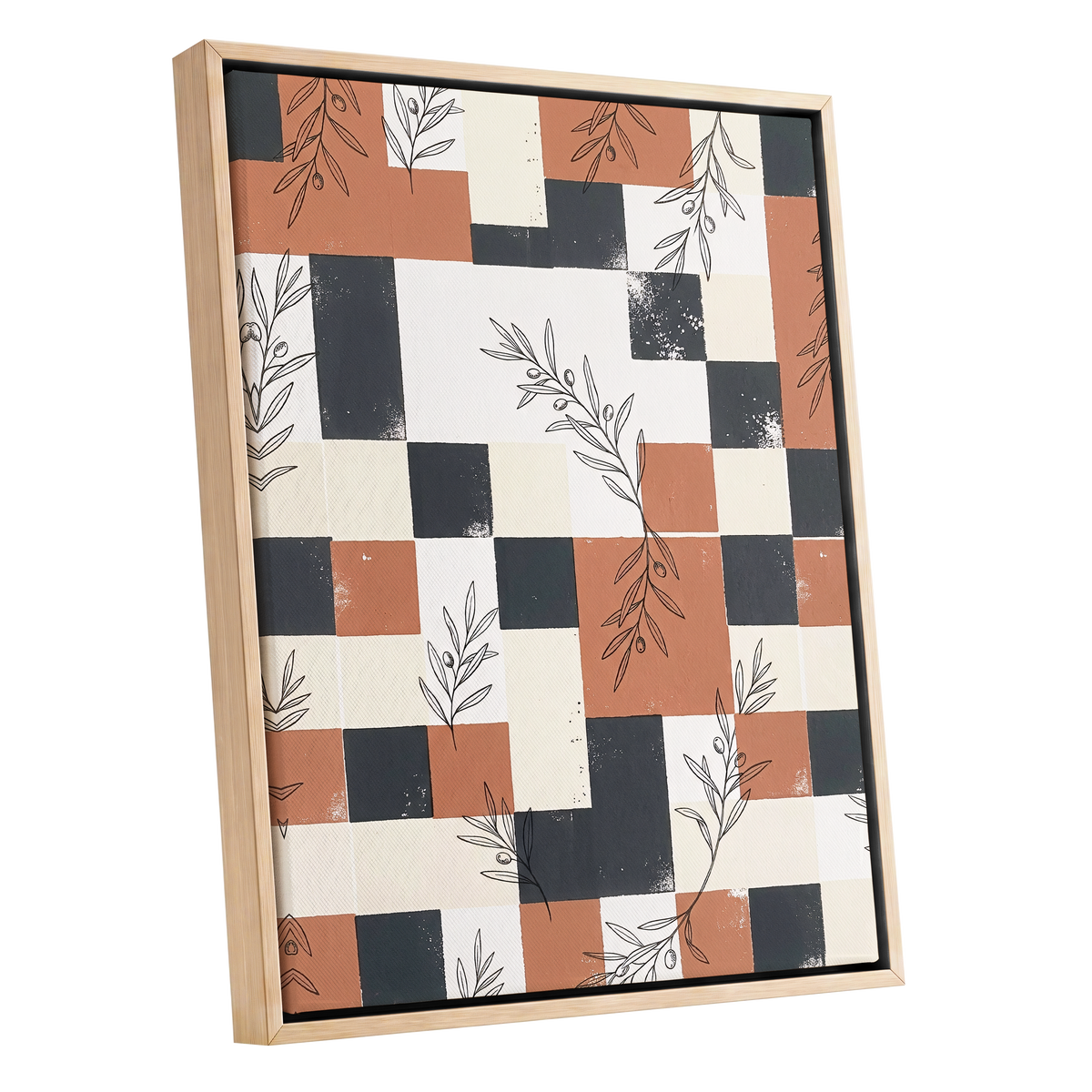 Olive Grid Reverie, brown, gray, beige nature wall art shown as a oak framed canvas wall art