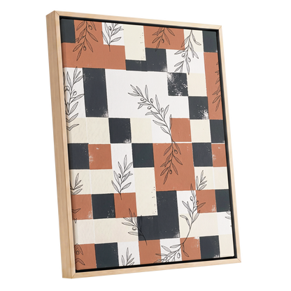 Olive Grid Reverie, brown, gray, beige nature wall art shown as a oak framed canvas wall art