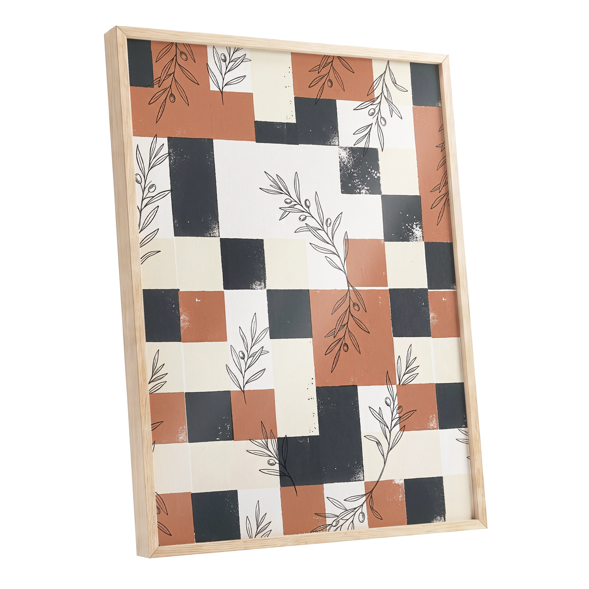 Olive Grid Reverie, brown, gray, beige nature wall art shown as a oak framed poster wall art print