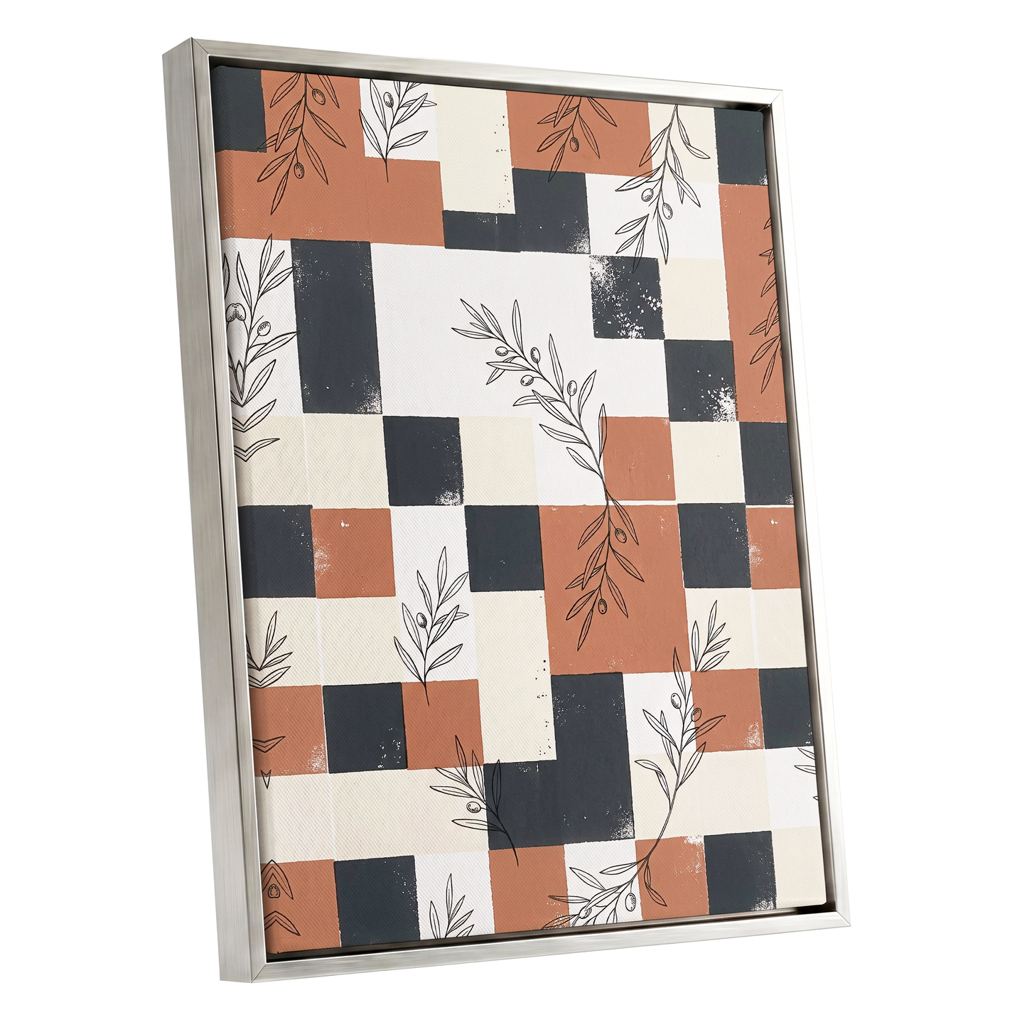 Olive Grid Reverie, brown, gray, beige nature wall art shown as a silver framed canvas wall art