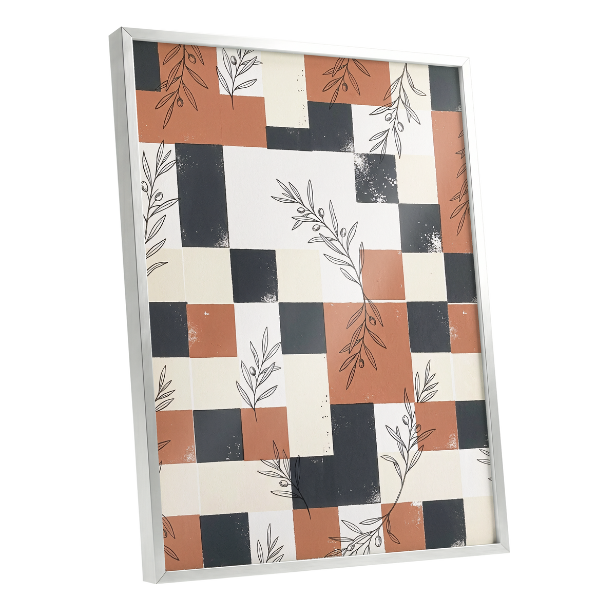 Olive Grid Reverie, brown, gray, beige nature wall art shown as a silver framed poster wall art print