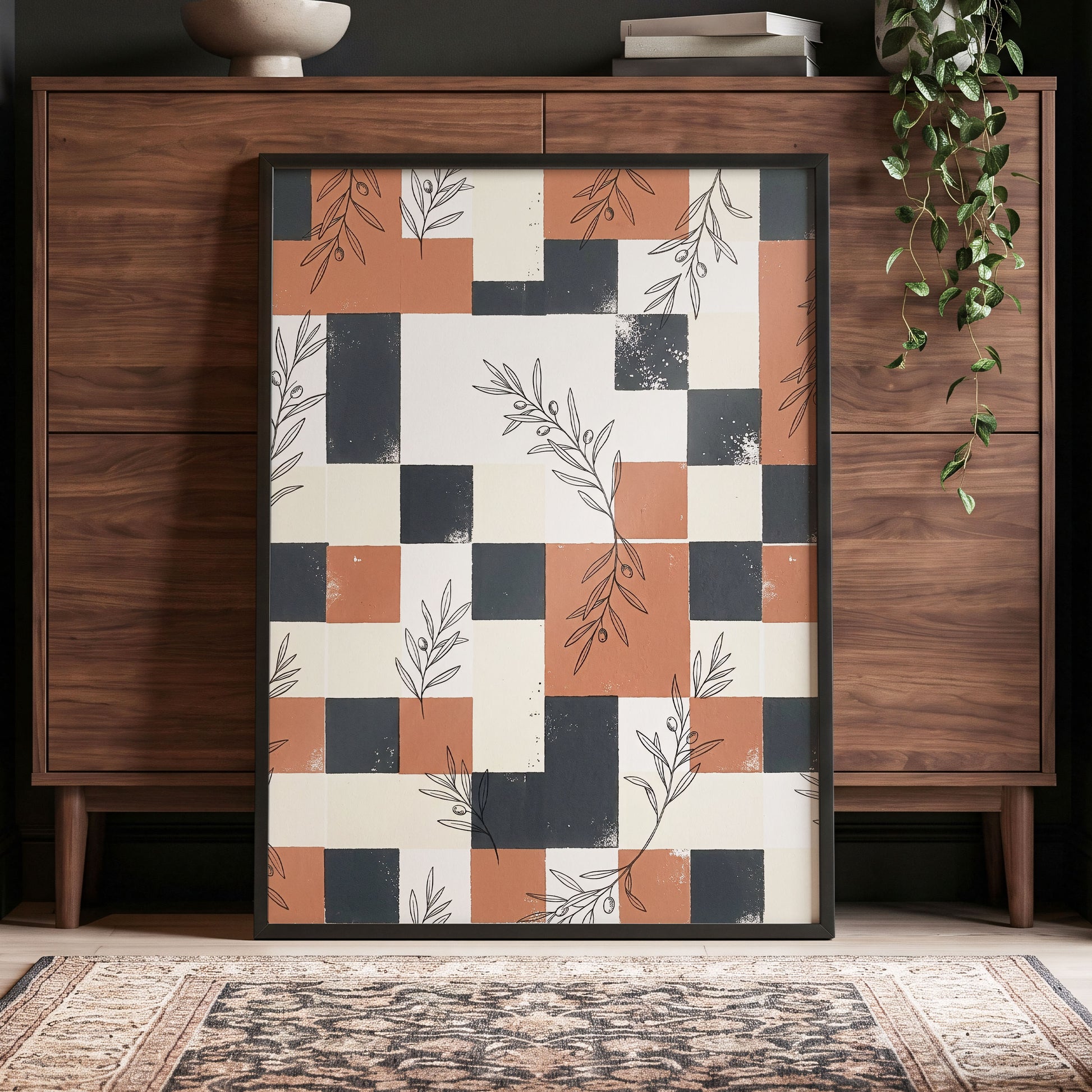 Olive Grid Reverie, brown, gray, beige nature wall art displayed in a styled interior, gallery view 4