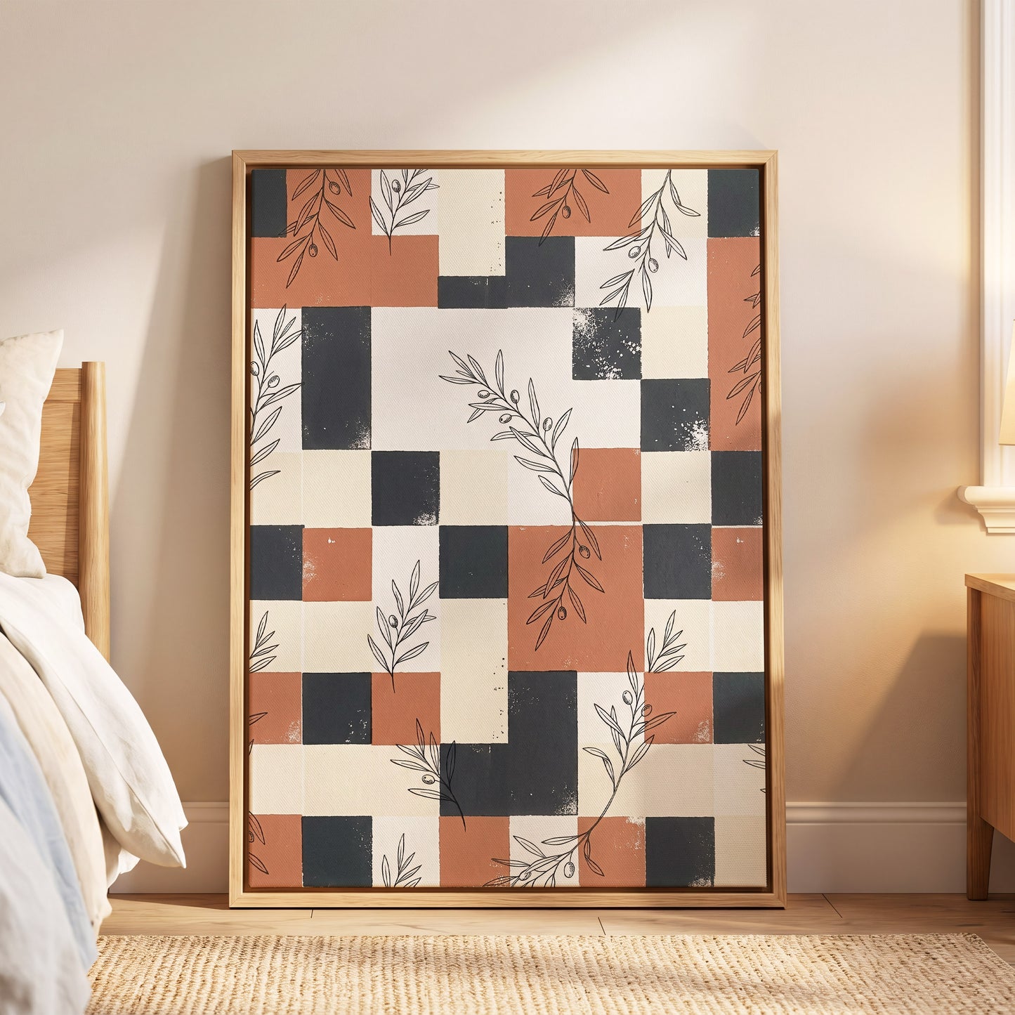 Olive Grid Reverie, brown, gray, beige nature wall art displayed in a styled interior, gallery view 6