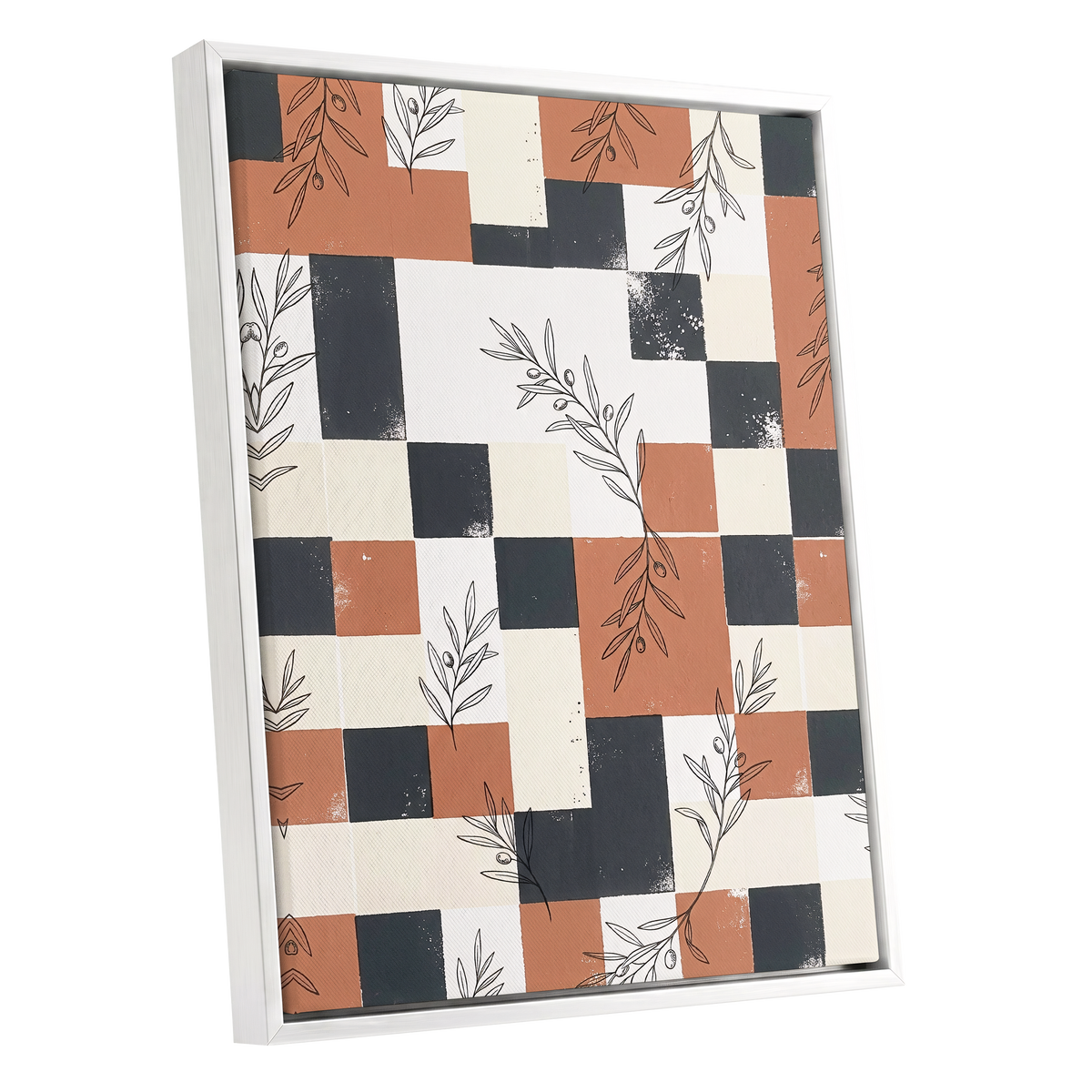 Olive Grid Reverie, brown, gray, beige nature wall art shown as a white framed canvas wall art