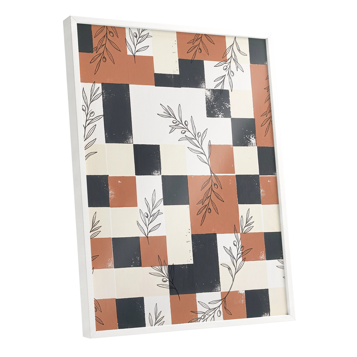 Olive Grid Reverie, brown, gray, beige nature wall art shown as a white framed poster wall art print