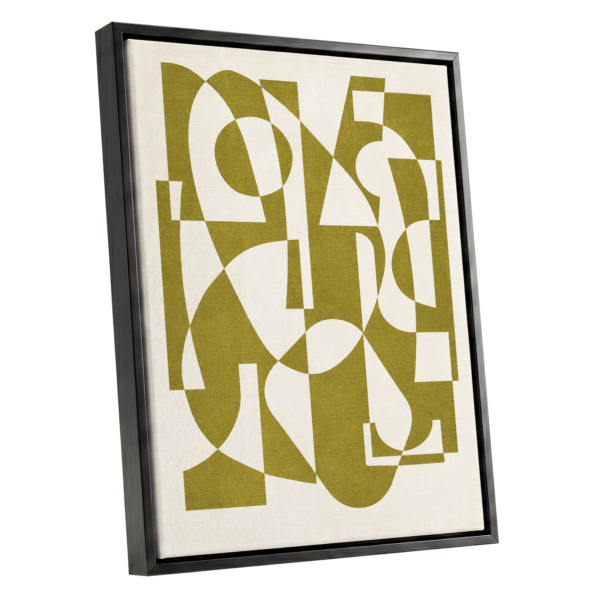 Olive Interplay, green, beige, white abstract wall art shown as a black framed canvas wall art