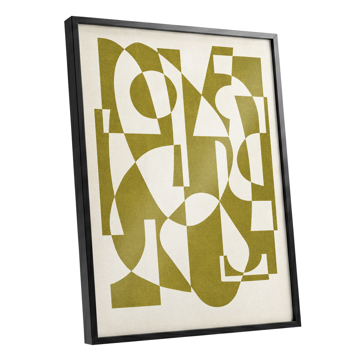 Olive Interplay, green, beige, white abstract wall art shown as a black framed poster wall art print